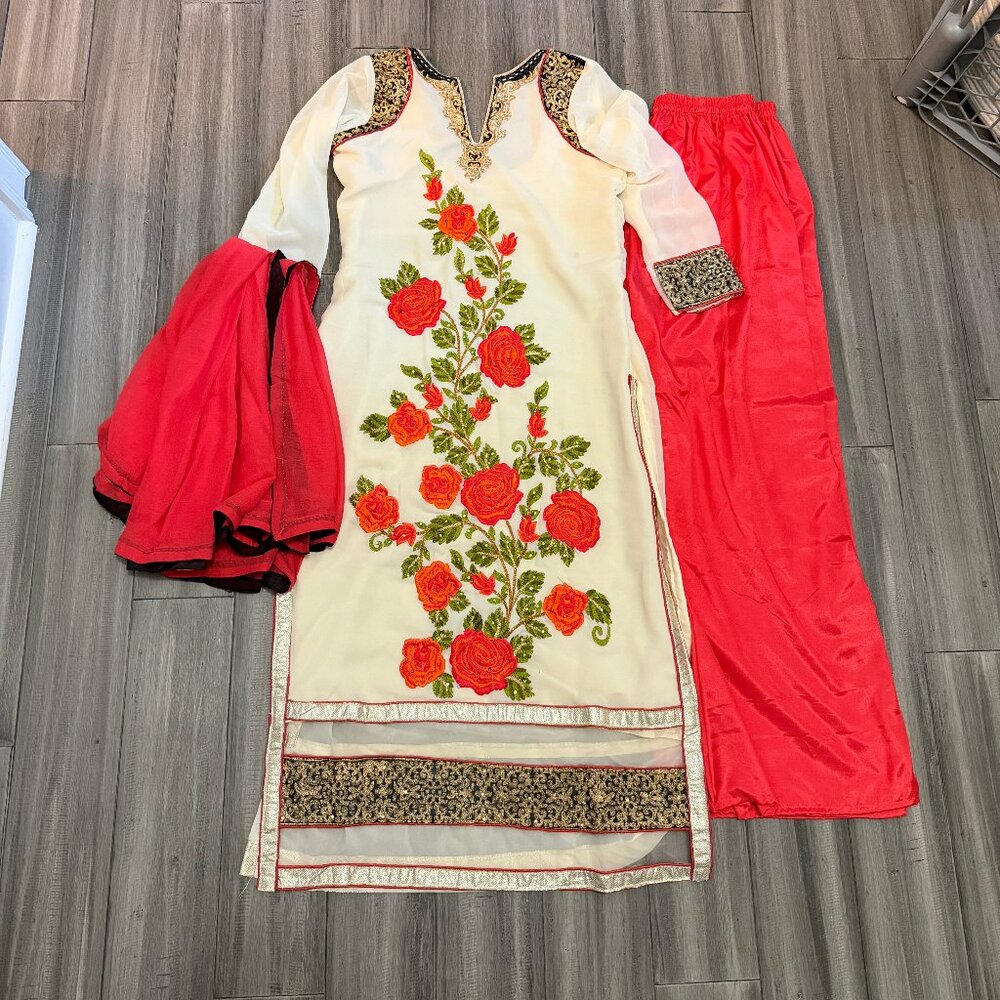 🌟 Cream & Red Embroidered Suit with Dupatta 🌟